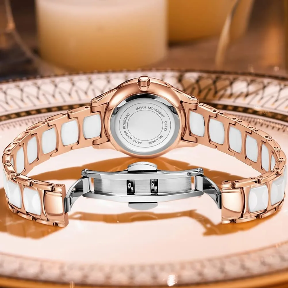 Ceramic Designer Elegant Note Fashion Luxury 3ATM Date Waterproof Luminous Green rhetoric inanity soundly Valentine's Day Present Quartz OLEVS Ladies Watch Rose Gold 