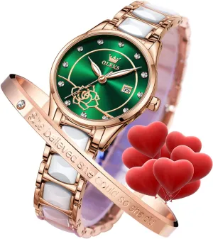Ceramic Designer Elegant Note Fashion Luxury 3ATM Date Waterproof Luminous Green rhetoric inanity soundly Valentine's Day Present Quartz OLEVS Ladies Watch Rose Gold 