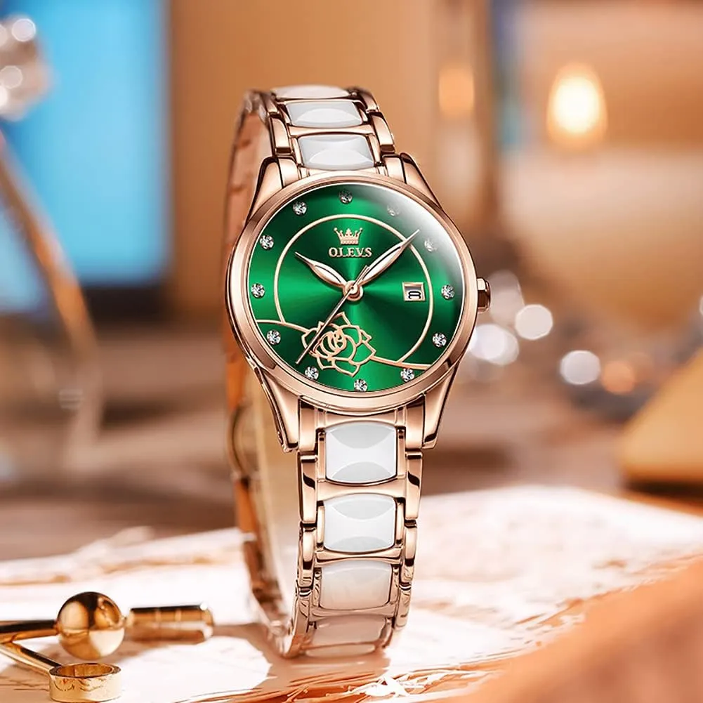 Ceramic Designer Elegant Note Fashion Luxury 3ATM Date Waterproof Luminous Green rhetoric inanity soundly Valentine's Day Present Quartz OLEVS Ladies Watch Rose Gold 