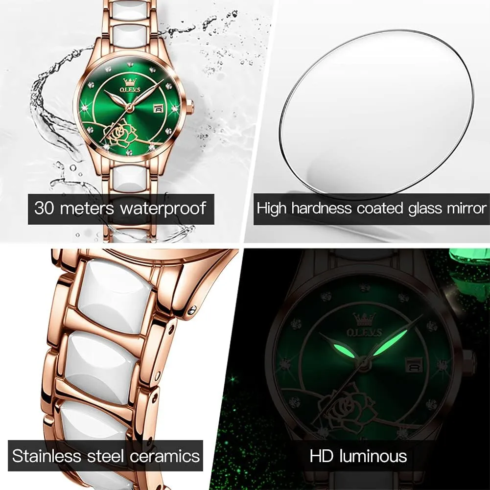 Ceramic Designer Elegant Note Fashion Luxury 3ATM Date Waterproof Luminous Green rhetoric inanity soundly Valentine's Day Present Quartz OLEVS Ladies Watch Rose Gold 