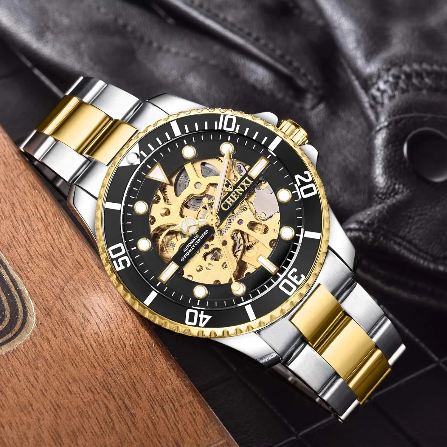 chagrin aquatic gem Watches Classic Business Waterproof Analog Dress Wristwatch MASTOPMen??s Luxury Mechanical Skeleton Automatic Self-Winding Stainless Steel 
