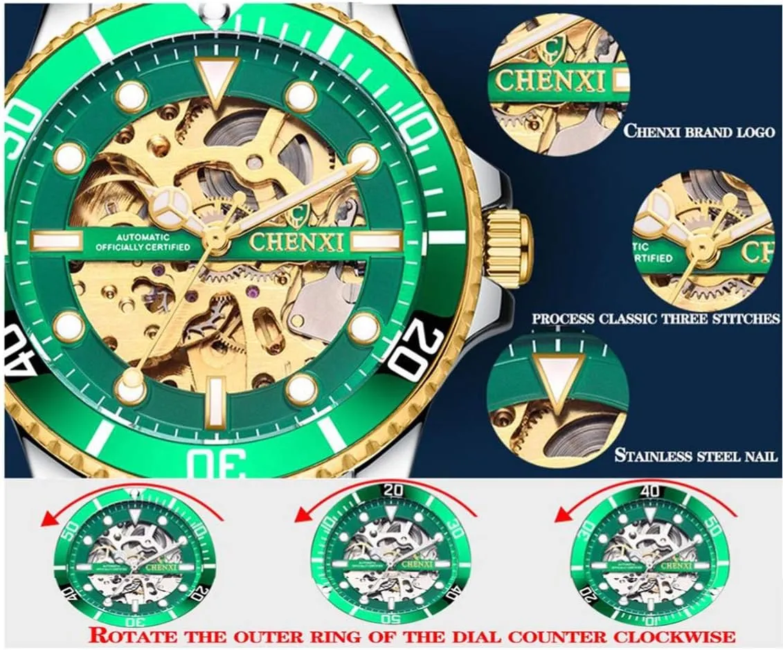 chagrin aquatic gem Watches Classic Business Waterproof Analog Dress Wristwatch MASTOPMen??s Luxury Mechanical Skeleton Automatic Self-Winding Stainless Steel 