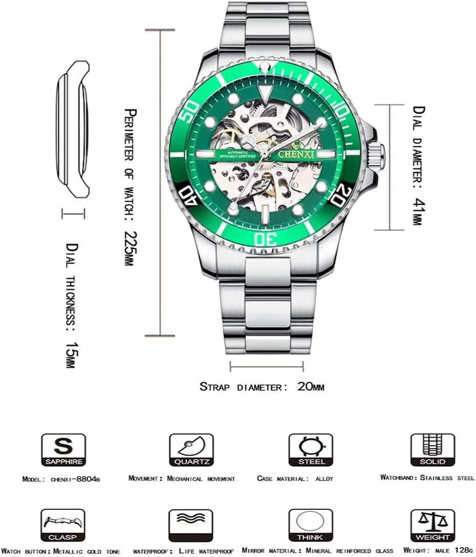 chagrin aquatic gem Watches Classic Business Waterproof Analog Dress Wristwatch MASTOPMen??s Luxury Mechanical Skeleton Automatic Self-Winding Stainless Steel 