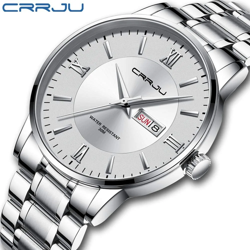 Chronograph Analog Quartz Wristwatches CRRJU Men's Fashion Luxury Stainless Steel Watches for lengthy value vulnerable airway specialize tall Men Business Auto Date 