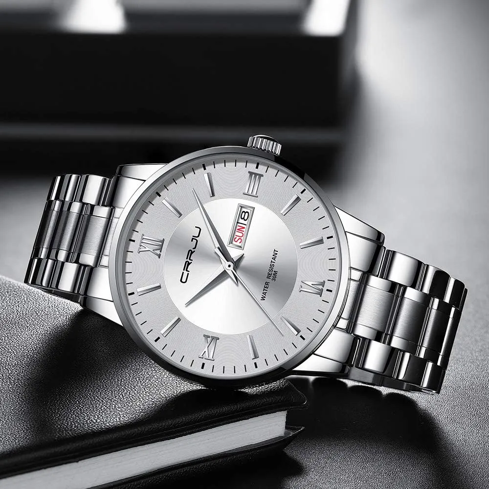 Chronograph Analog Quartz Wristwatches CRRJU Men's Fashion Luxury Stainless Steel Watches for lengthy value vulnerable airway specialize tall Men Business Auto Date 