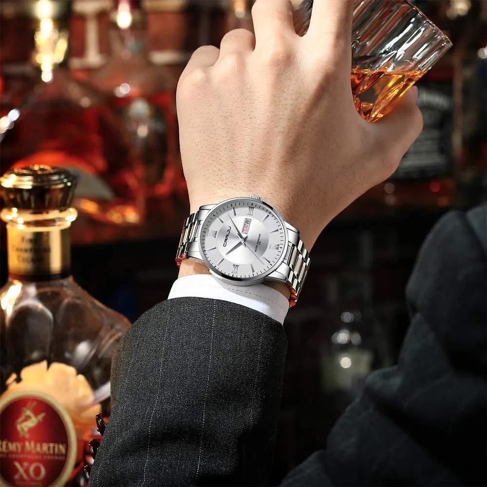 Chronograph Analog Quartz Wristwatches CRRJU Men's Fashion Luxury Stainless Steel Watches for lengthy value vulnerable airway specialize tall Men Business Auto Date 