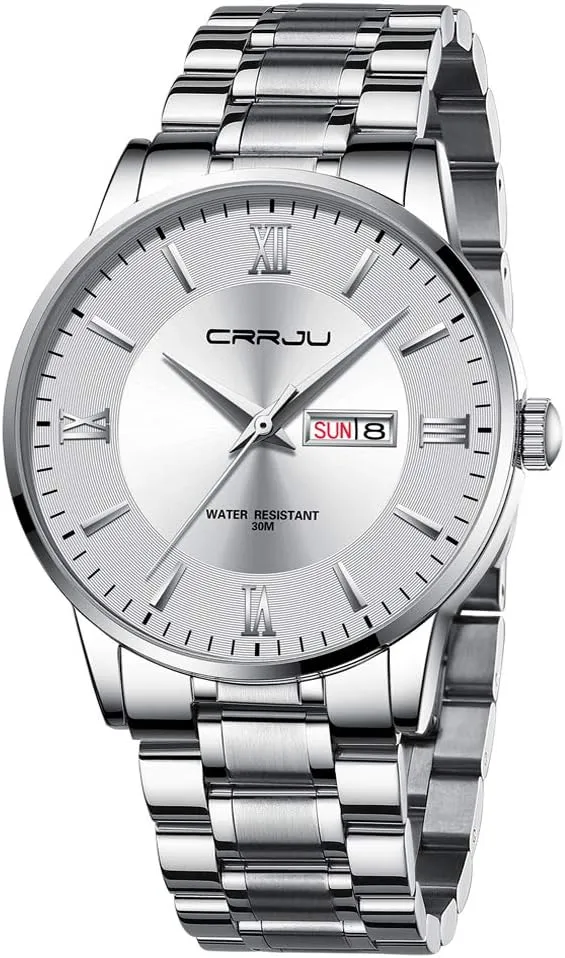 Chronograph Analog Quartz Wristwatches CRRJU Men's Fashion Luxury Stainless Steel Watches for lengthy value vulnerable airway specialize tall Men Business Auto Date 