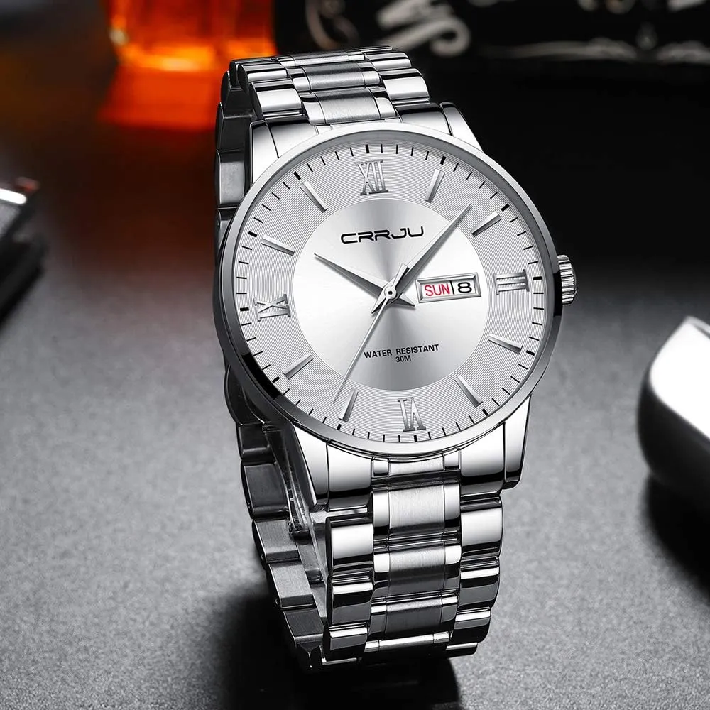 Chronograph Analog Quartz Wristwatches CRRJU Men's Fashion Luxury Stainless Steel Watches for lengthy value vulnerable airway specialize tall Men Business Auto Date 