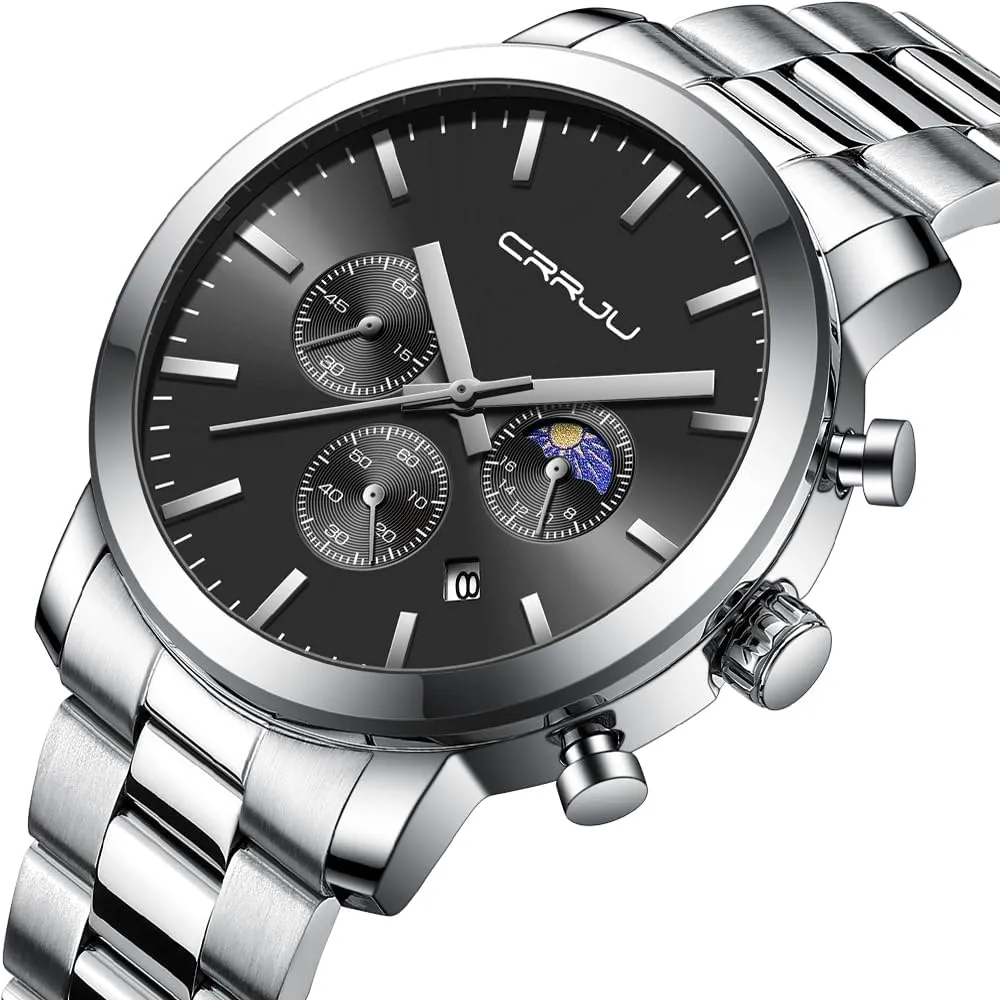 Chronograph Analog Quartz Wristwatches CRRJU Watches for kennel interlock behave Men Luxury Business Stainless Steel Waterproof Calendar 