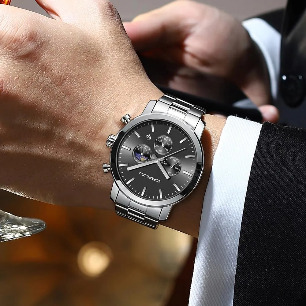 Chronograph Analog Quartz Wristwatches CRRJU Watches for kennel interlock behave Men Luxury Business Stainless Steel Waterproof Calendar 
