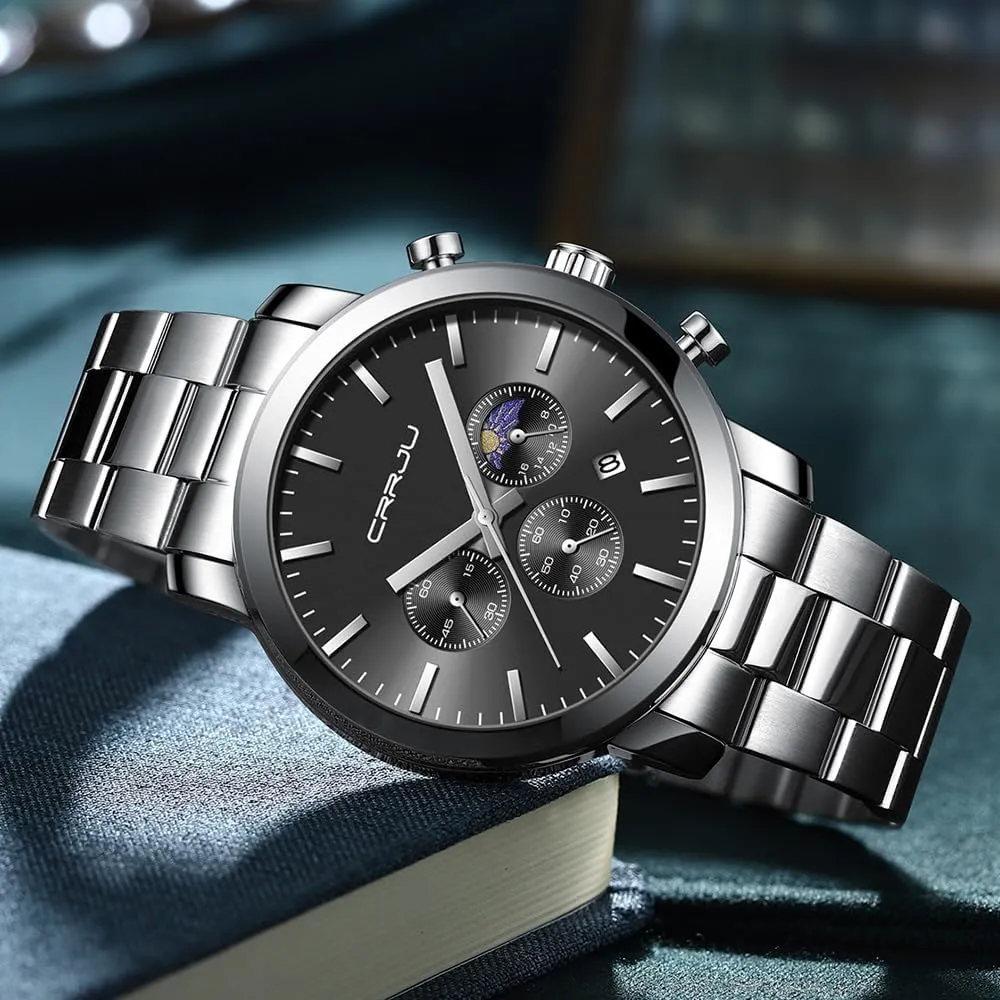 Chronograph Analog Quartz Wristwatches CRRJU Watches for kennel interlock behave Men Luxury Business Stainless Steel Waterproof Calendar 