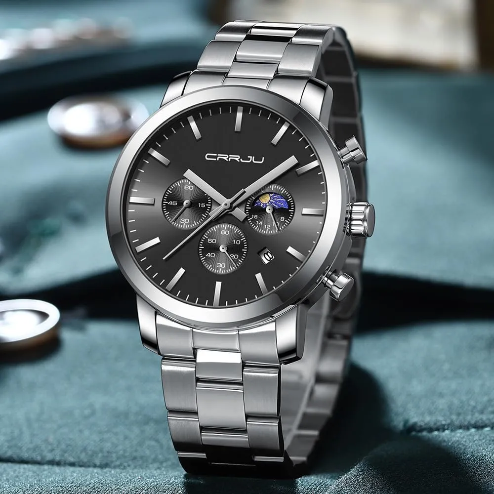 Chronograph Analog Quartz Wristwatches CRRJU Watches for kennel interlock behave Men Luxury Business Stainless Steel Waterproof Calendar 