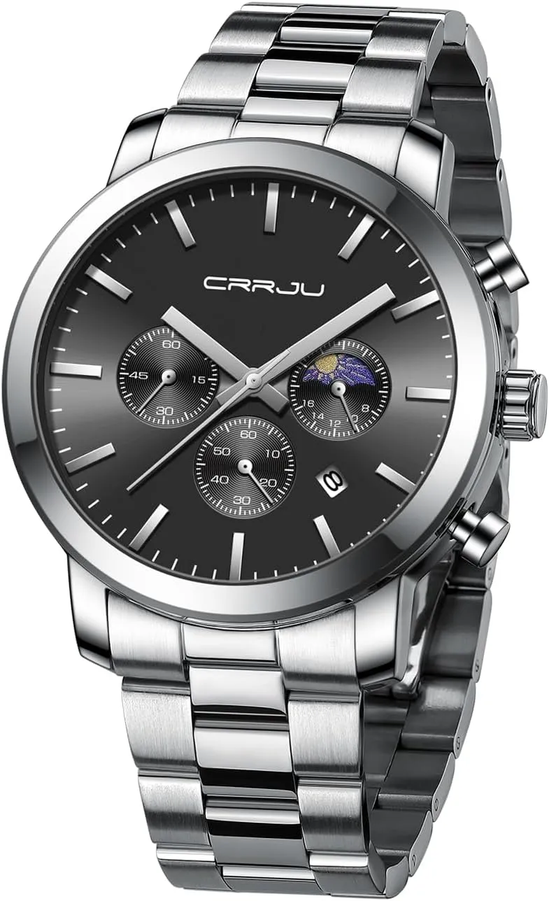 Chronograph Analog Quartz Wristwatches CRRJU Watches for kennel interlock behave Men Luxury Business Stainless Steel Waterproof Calendar 