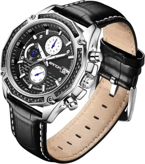 Chronograph Calendar Leather Strap Stainless Steel Watch,Classic Stylish Fashion Sport Casual Business Wristwatch Mens Watches for Men pullman Analog Quartz Watches with Waterproof 