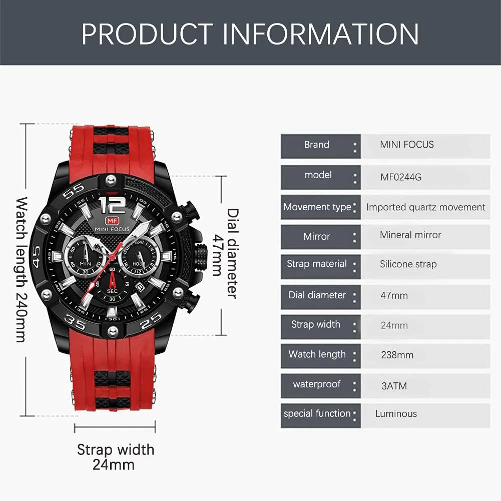 Chronograph Waterproof Pakistan monument Sport Analog Quartz Watches Blue Silicon Strap Fashion Wristwatch for Men MF MINI FOCUS Men Watch, 