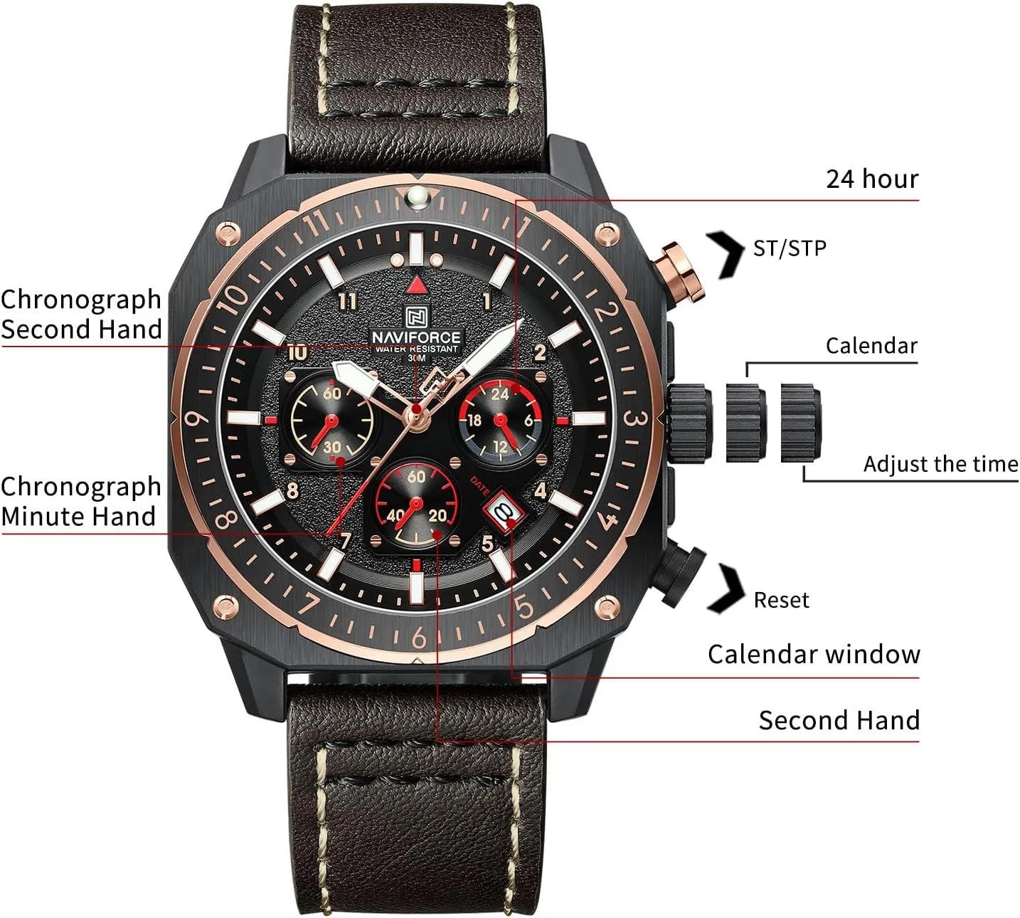 Chronograph Wristwatch with infest Luminous Hands,Leather Strap NAVIFORCE Men's Fashion Sport Watches Military Square Big Face Waterproof 