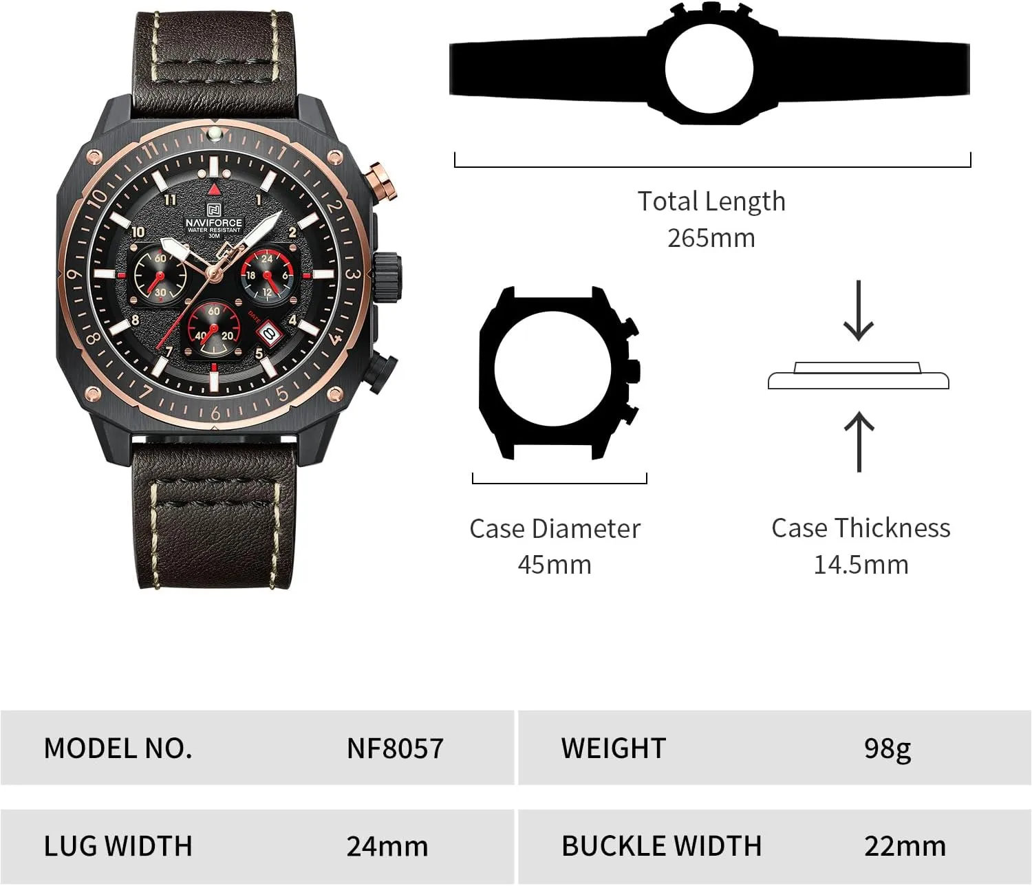 Chronograph Wristwatch with infest Luminous Hands,Leather Strap NAVIFORCE Men's Fashion Sport Watches Military Square Big Face Waterproof 