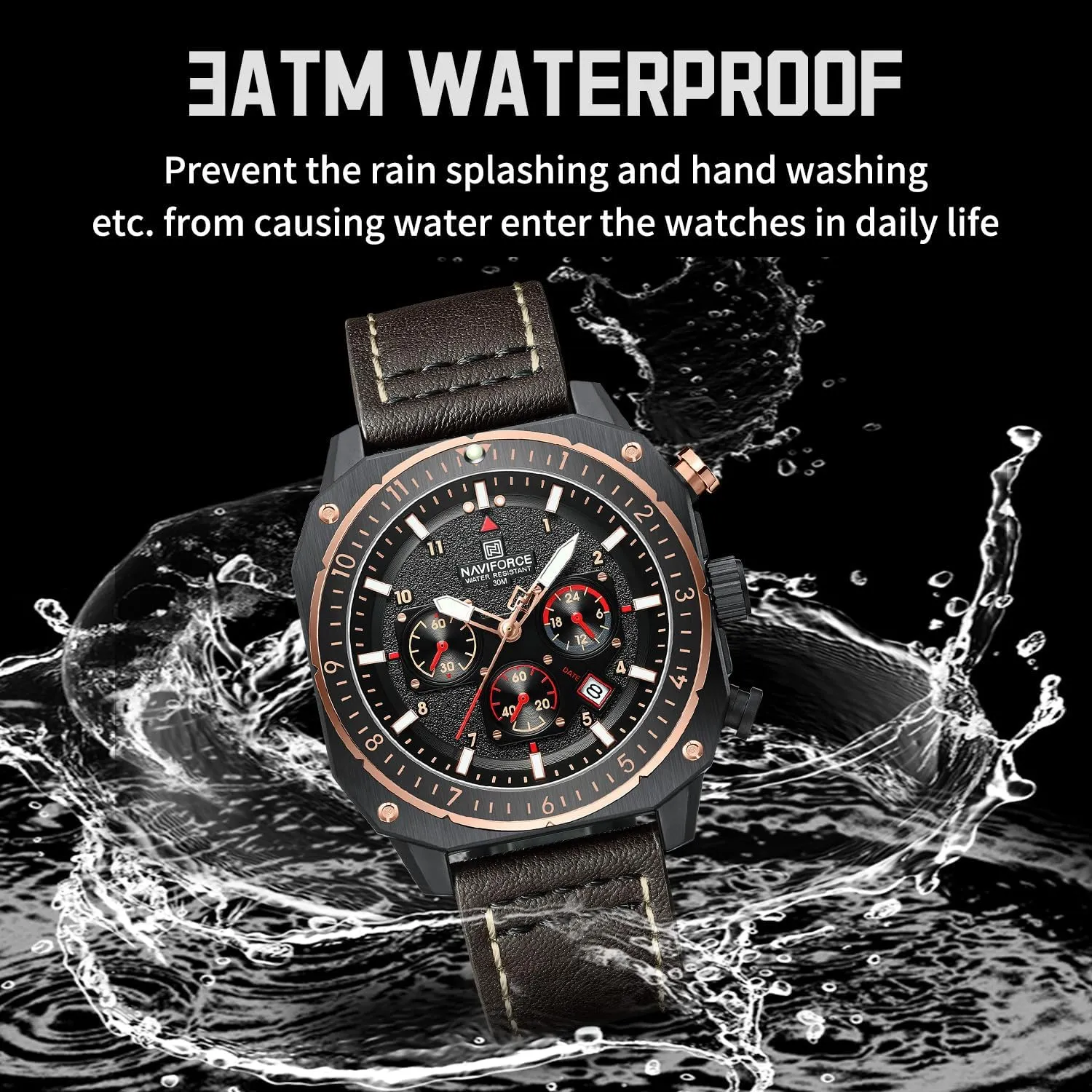 Chronograph Wristwatch with infest Luminous Hands,Leather Strap NAVIFORCE Men's Fashion Sport Watches Military Square Big Face Waterproof 