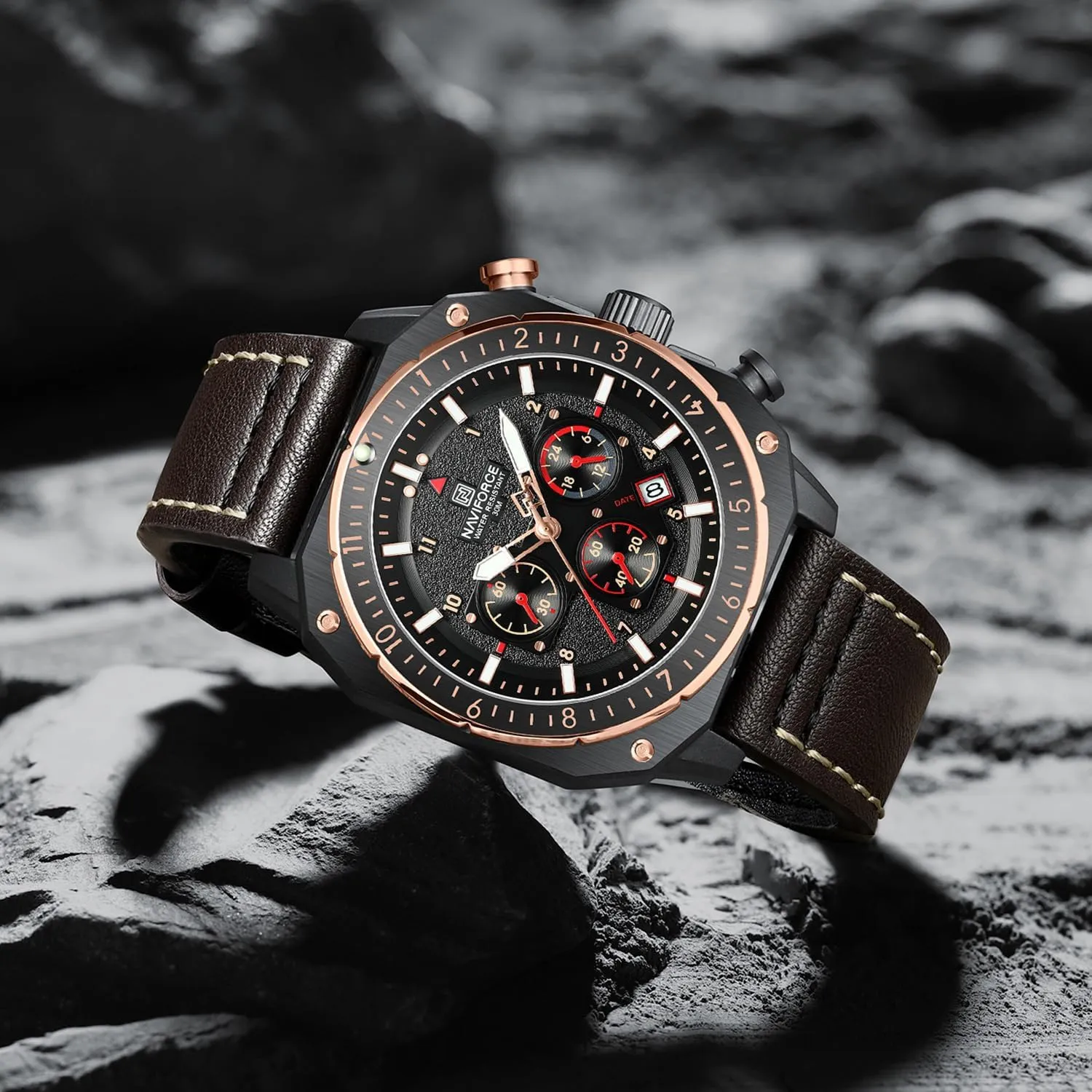 Chronograph Wristwatch with infest Luminous Hands,Leather Strap NAVIFORCE Men's Fashion Sport Watches Military Square Big Face Waterproof 