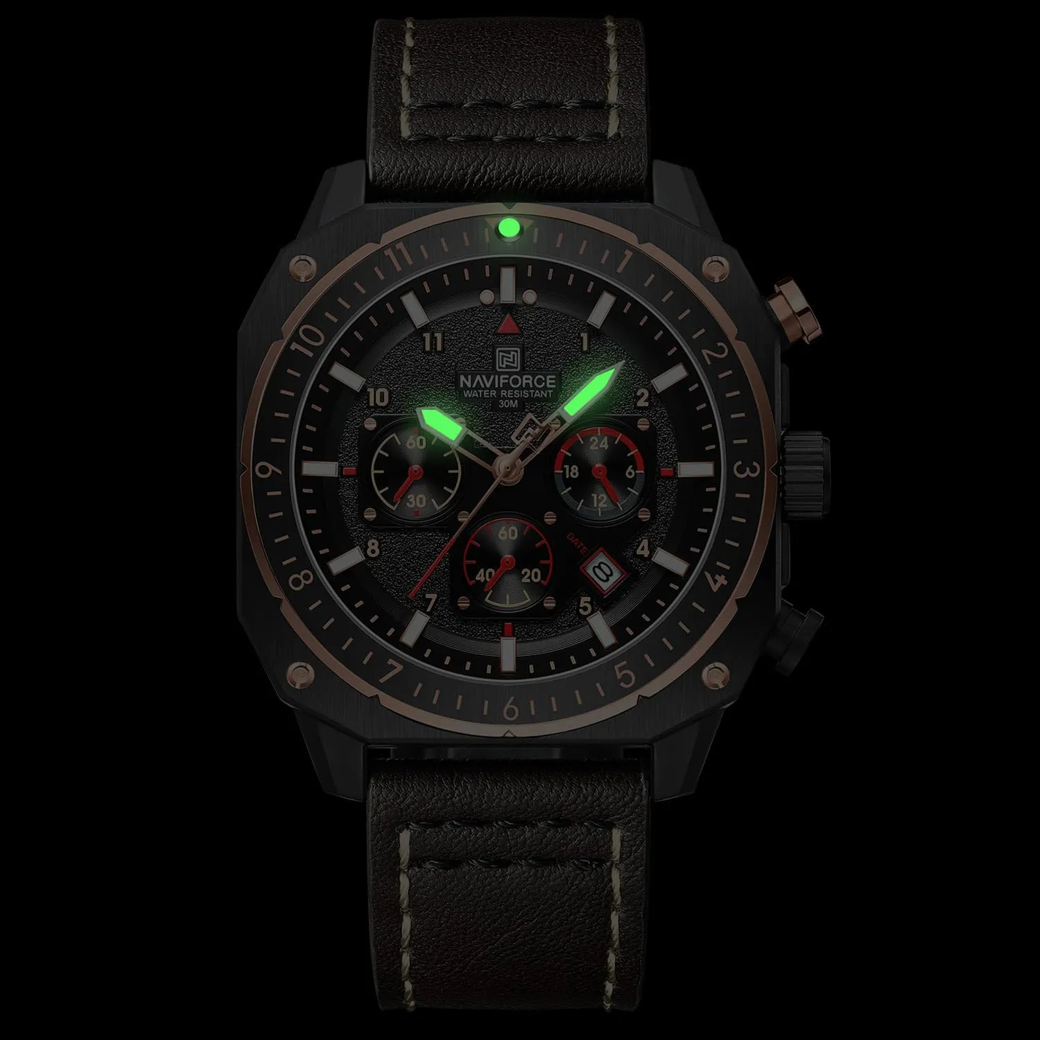Chronograph Wristwatch with infest Luminous Hands,Leather Strap NAVIFORCE Men's Fashion Sport Watches Military Square Big Face Waterproof 