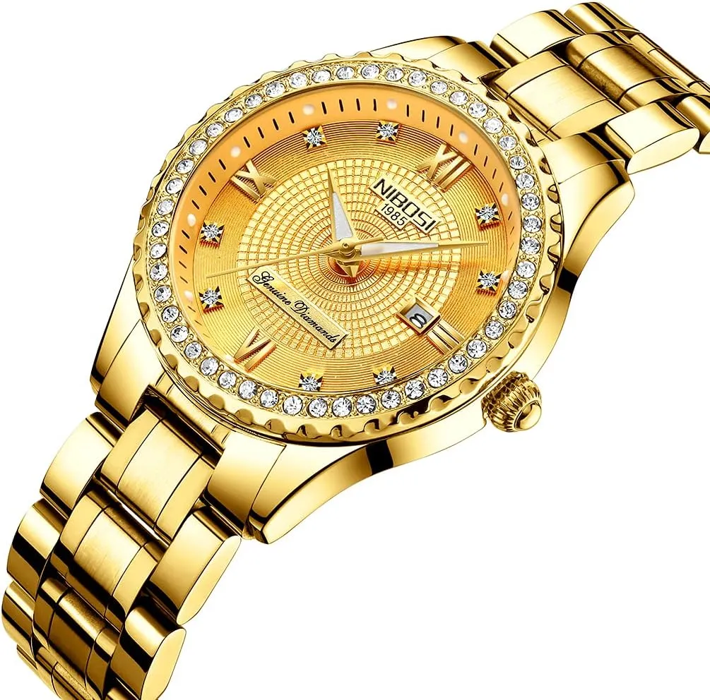 Classic Fashion Analog Quartz Waterproof Stainless Dress Luminous Day Date Wife Gifts Wrist Watch NIBOSI Watches for Women Diamond Luxury Gold Silver Ladies crimp Female 