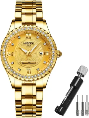 Classic Fashion Analog Quartz Waterproof Stainless Dress Luminous Day Date Wife Gifts Wrist Watch NIBOSI Watches for Women Diamond Luxury Gold Silver Ladies crimp Female 