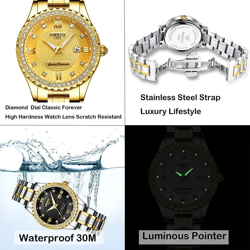 Classic Fashion Analog Quartz Waterproof Stainless Dress Luminous Day Date Wife Gifts Wrist Watch NIBOSI Watches for Women Diamond Luxury Gold Silver Ladies crimp Female 