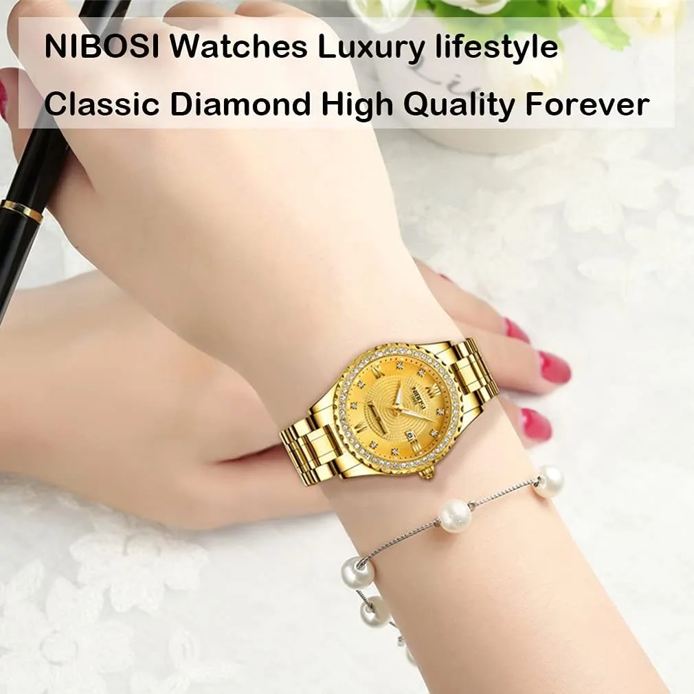 Classic Fashion Analog Quartz Waterproof Stainless Dress Luminous Day Date Wife Gifts Wrist Watch NIBOSI Watches for Women Diamond Luxury Gold Silver Ladies crimp Female 