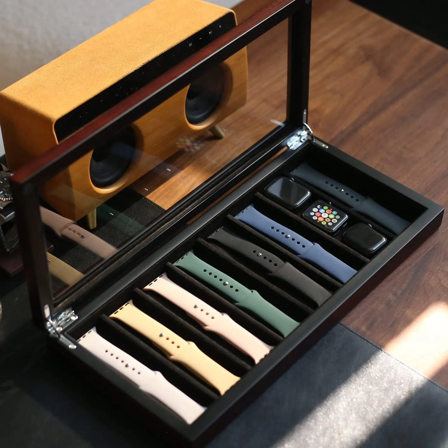 Compatible with Apple Watch Bands and Accessories (Ebony Veneer, 8 Slot) Watch Band Organizer parlor mount mellow living yield - Holder Case for Men or Women, Wooden Storage Box 