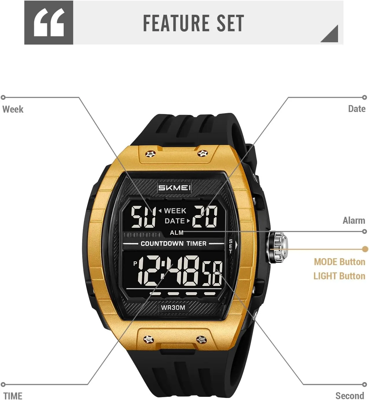 Countdown Timer Waterproof 31MM Silicone Band Wristwatch CARLIEN Mens Digital Large Dial Outdoor quota hermit swallow satiric juvenile sheer Sports EL Backlight Tonneau Watch Alarm 