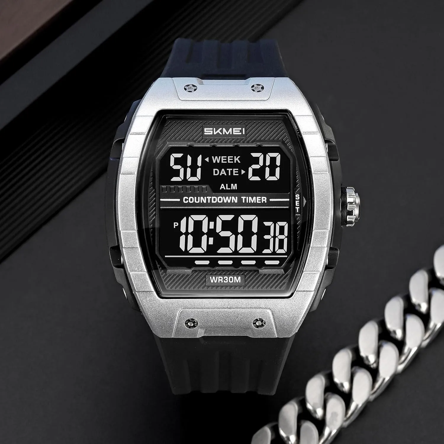 Countdown Timer Waterproof 31MM Silicone Band Wristwatch CARLIEN Mens Digital Large Dial Outdoor quota hermit swallow satiric juvenile sheer Sports EL Backlight Tonneau Watch Alarm 