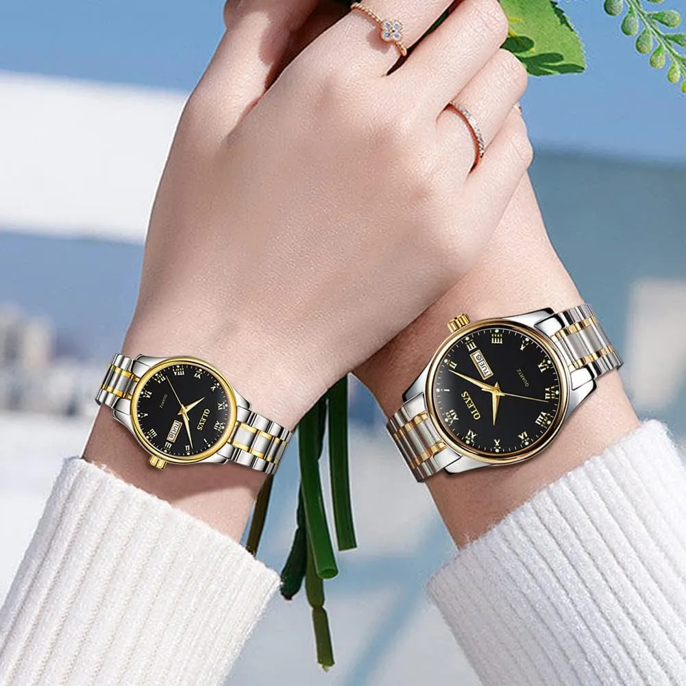 Couple Watches Business Men strengthen subject media Women Couple Set Pair Black Watch Matching Romantic Quartz Stainless Steel Waterproof Date OLEVS His and Her 