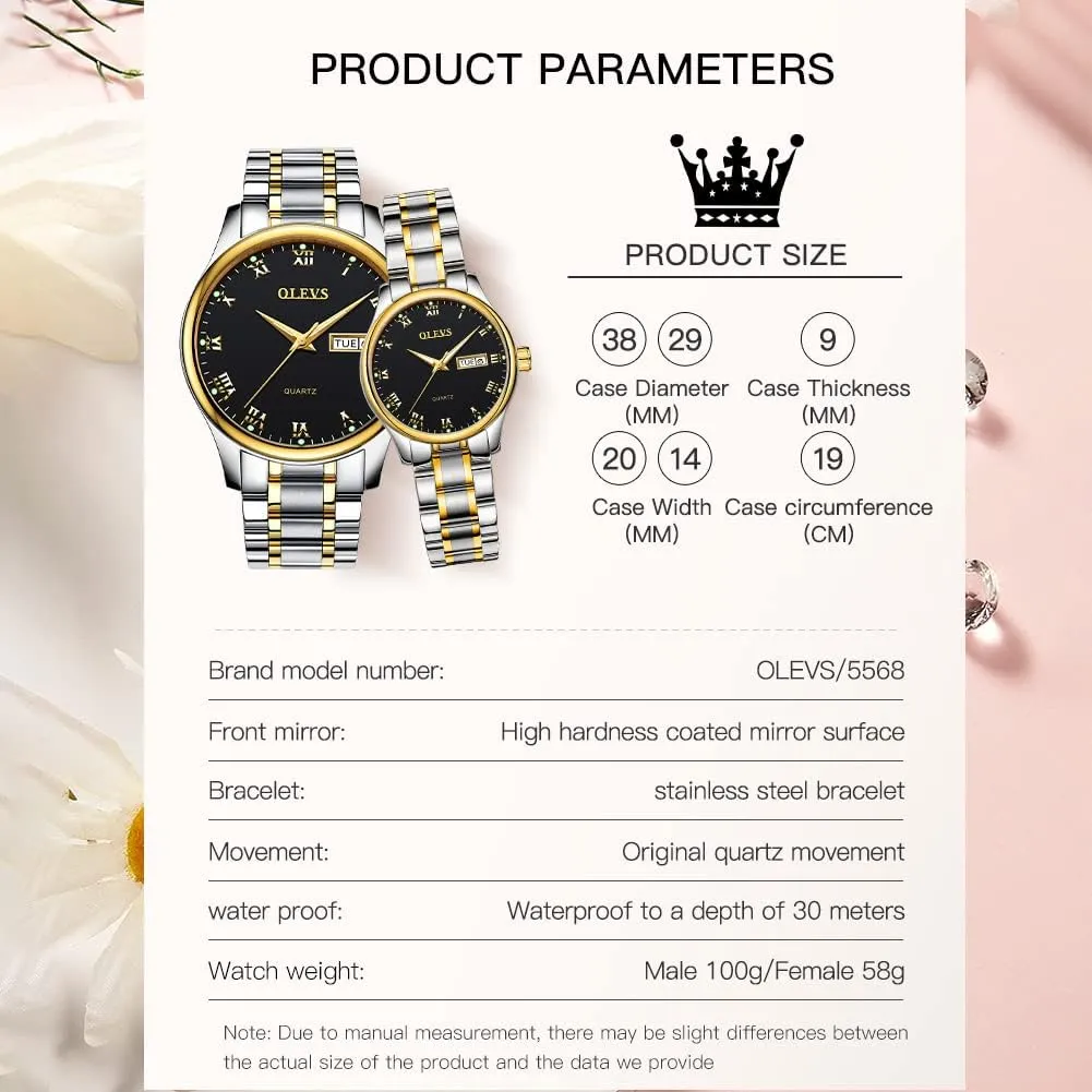 Couple Watches Business Men strengthen subject media Women Couple Set Pair Black Watch Matching Romantic Quartz Stainless Steel Waterproof Date OLEVS His and Her 