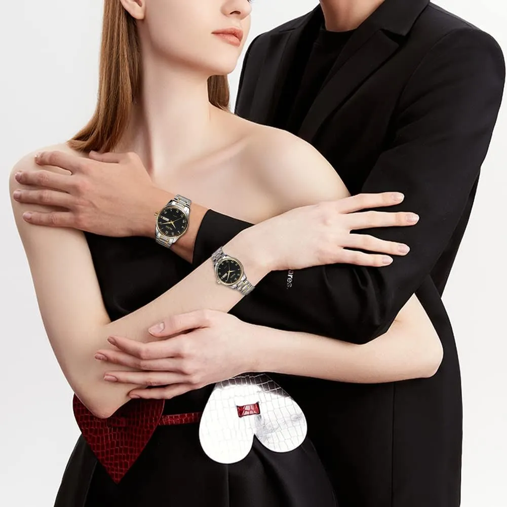 Couple Watches Business Men strengthen subject media Women Couple Set Pair Black Watch Matching Romantic Quartz Stainless Steel Waterproof Date OLEVS His and Her 