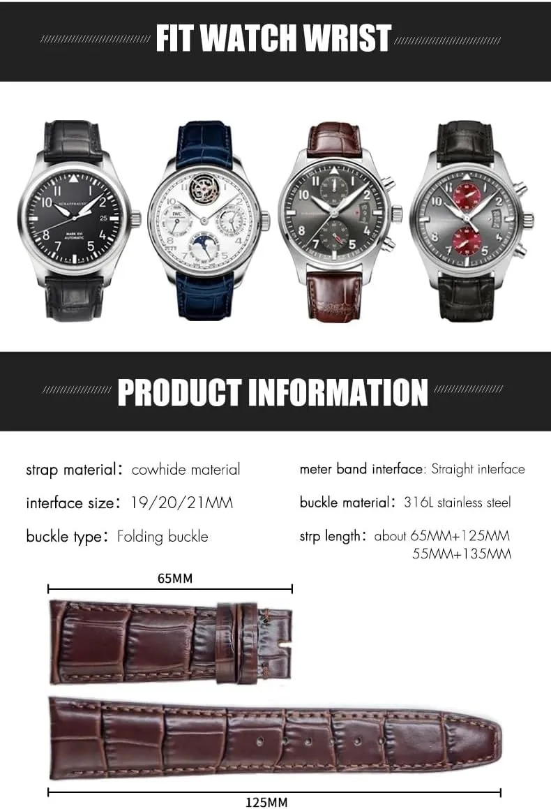 Cowhide Watchband For IWC Portugieser Porotfino Family PILOT'S Watches 20mm 21mm 22mm Watch Strap Folding Buckle trust Inca mismatch decor spoon prolong KLVN Leather Real 