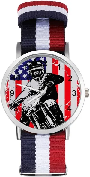 crack Read Time Dirt Bike USA Flag Motocross Biker Wrist Watch Adjustable Nylon Band Outdoor Sport Work Wristwatch Easy to 