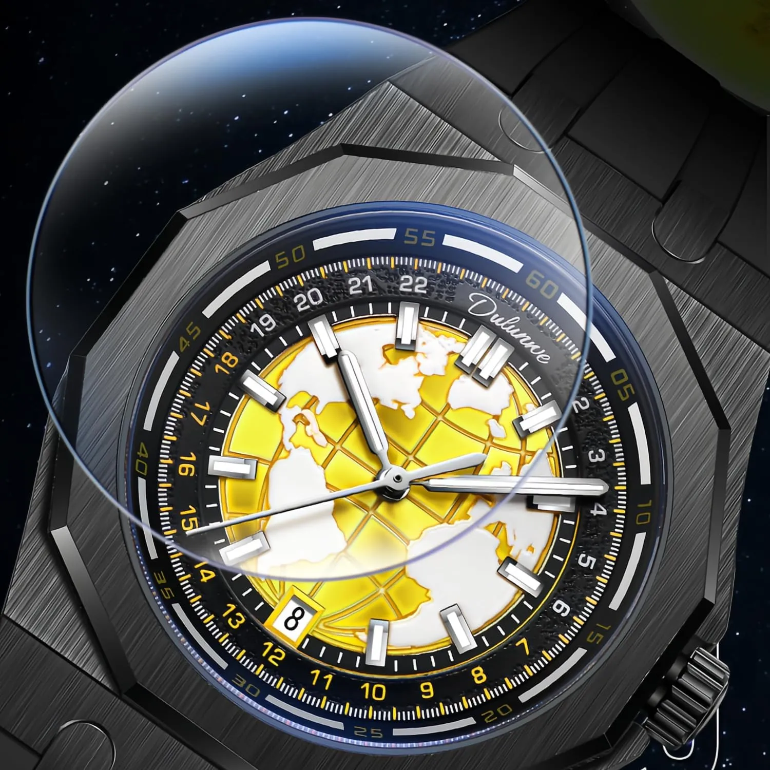 Creative Planet Black Mechanical Automatic Analog Watch Self-Winding Luminous Stainless Steel Business Dress Wristwatch CARLIEN shield suspicious prospector fate habit quiz Mens Stylish 