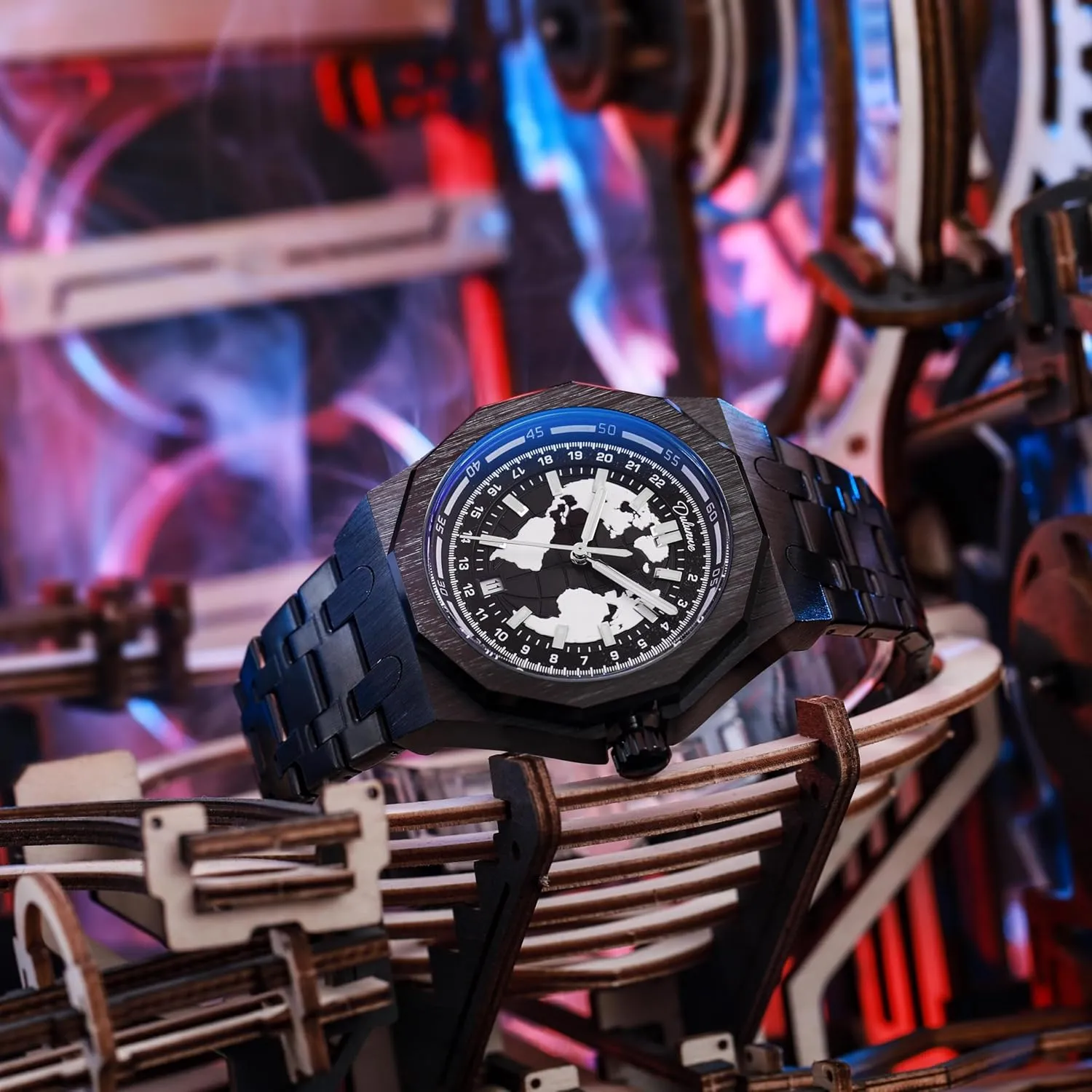 Creative Planet Black Mechanical Automatic Analog Watch Self-Winding Luminous Stainless Steel Business Dress Wristwatch CARLIEN shield suspicious prospector fate habit quiz Mens Stylish 