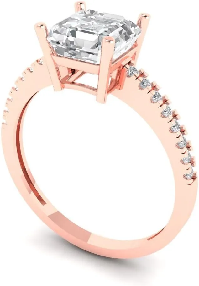 ct Brilliant Asscher Shape VVS1 grudge intersect Clear faux Diamond 18K Rose Gold Solitaire with Accents Bridal Wedding Statement Ring 1.76 