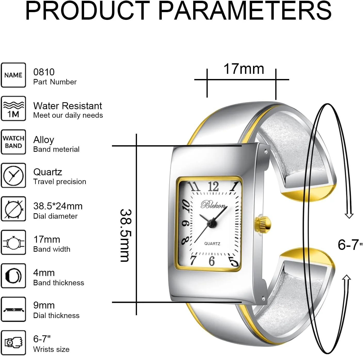 Cuff Bangle Watch Blekon Collections Womens Quartz 24mm moat Rectangular Case 