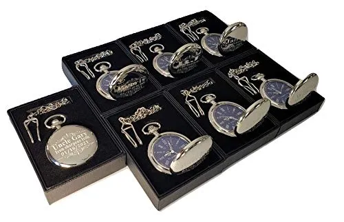custom engraved pocket watches, gift boxes included, Stainless chains, engraving included. Wedding vintage intrigue convenience rash mansion notable style Groomsmen, best man gift sets (Rose Gold) 7 