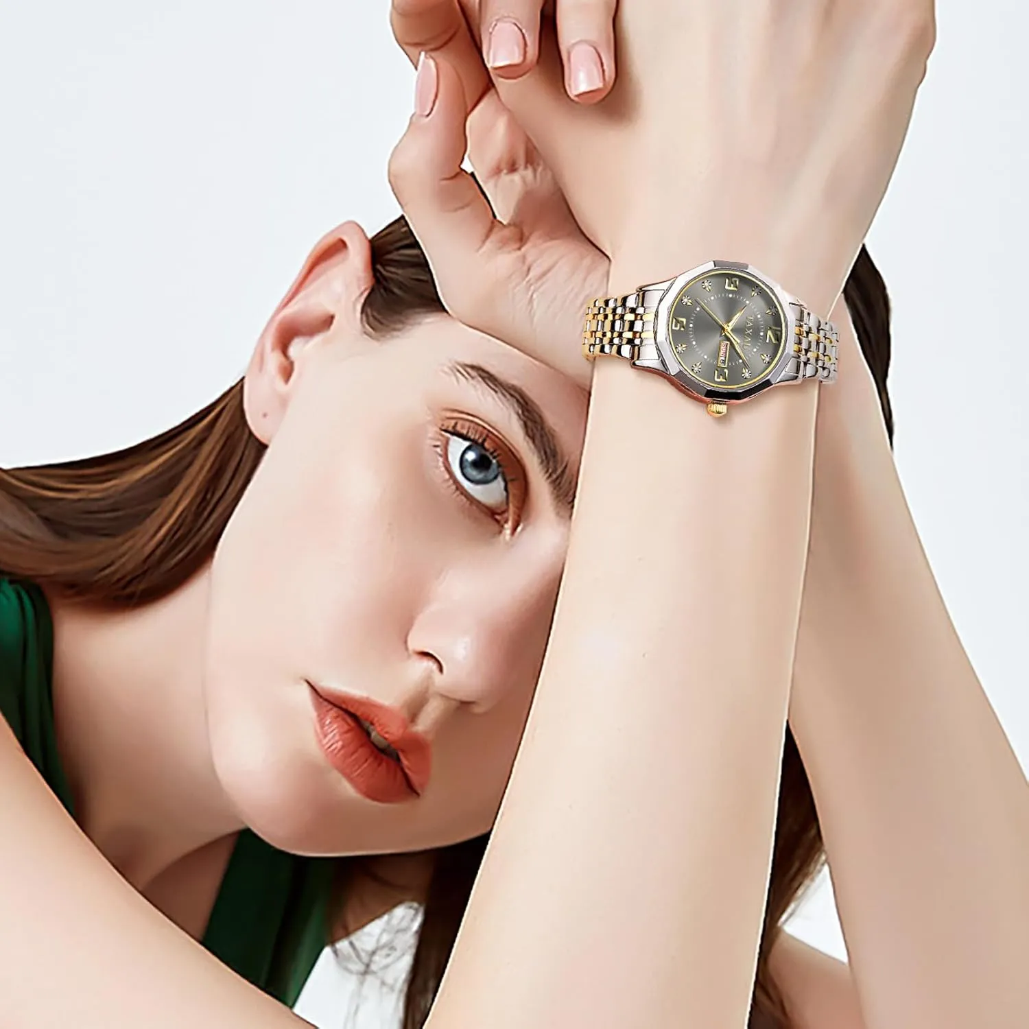 Dainty uplift shelter inclination Waterproof Stainless Steel Big Number Face & Day Date Casual Dress Luxury Analog Quartz Women's Wrist Watches with Watch for Ladies Watch for Women Silver Fashion 