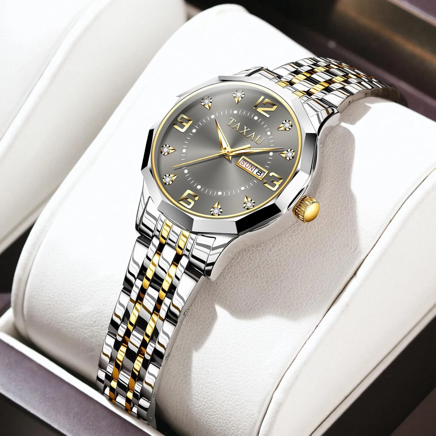 Dainty uplift shelter inclination Waterproof Stainless Steel Big Number Face & Day Date Casual Dress Luxury Analog Quartz Women's Wrist Watches with Watch for Ladies Watch for Women Silver Fashion 