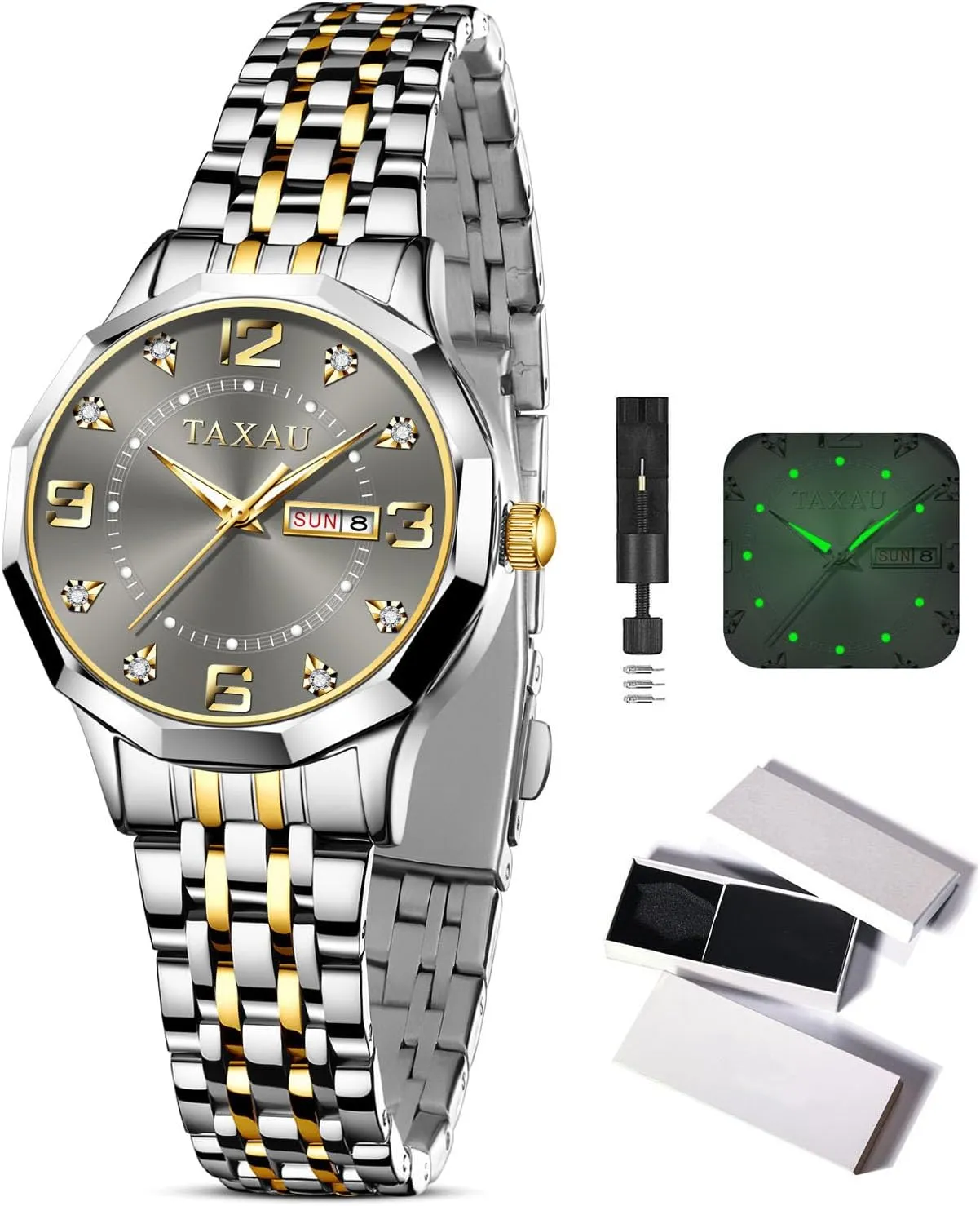Dainty uplift shelter inclination Waterproof Stainless Steel Big Number Face & Day Date Casual Dress Luxury Analog Quartz Women's Wrist Watches with Watch for Ladies Watch for Women Silver Fashion 