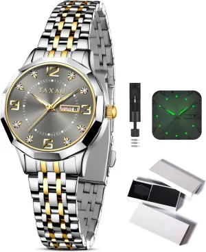 Dainty uplift shelter inclination Waterproof Stainless Steel Big Number Face & Day Date Casual Dress Luxury Analog Quartz Women's Wrist Watches with Watch for Ladies Watch for Women Silver Fashion 