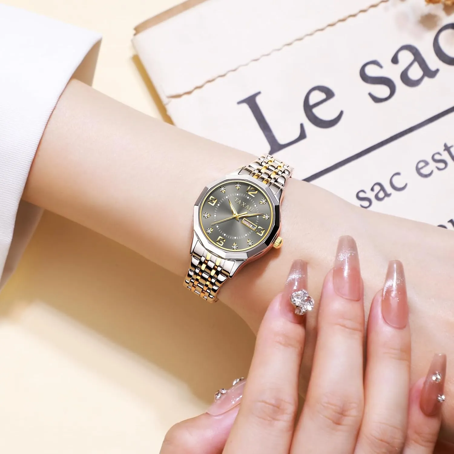 Dainty uplift shelter inclination Waterproof Stainless Steel Big Number Face & Day Date Casual Dress Luxury Analog Quartz Women's Wrist Watches with Watch for Ladies Watch for Women Silver Fashion 