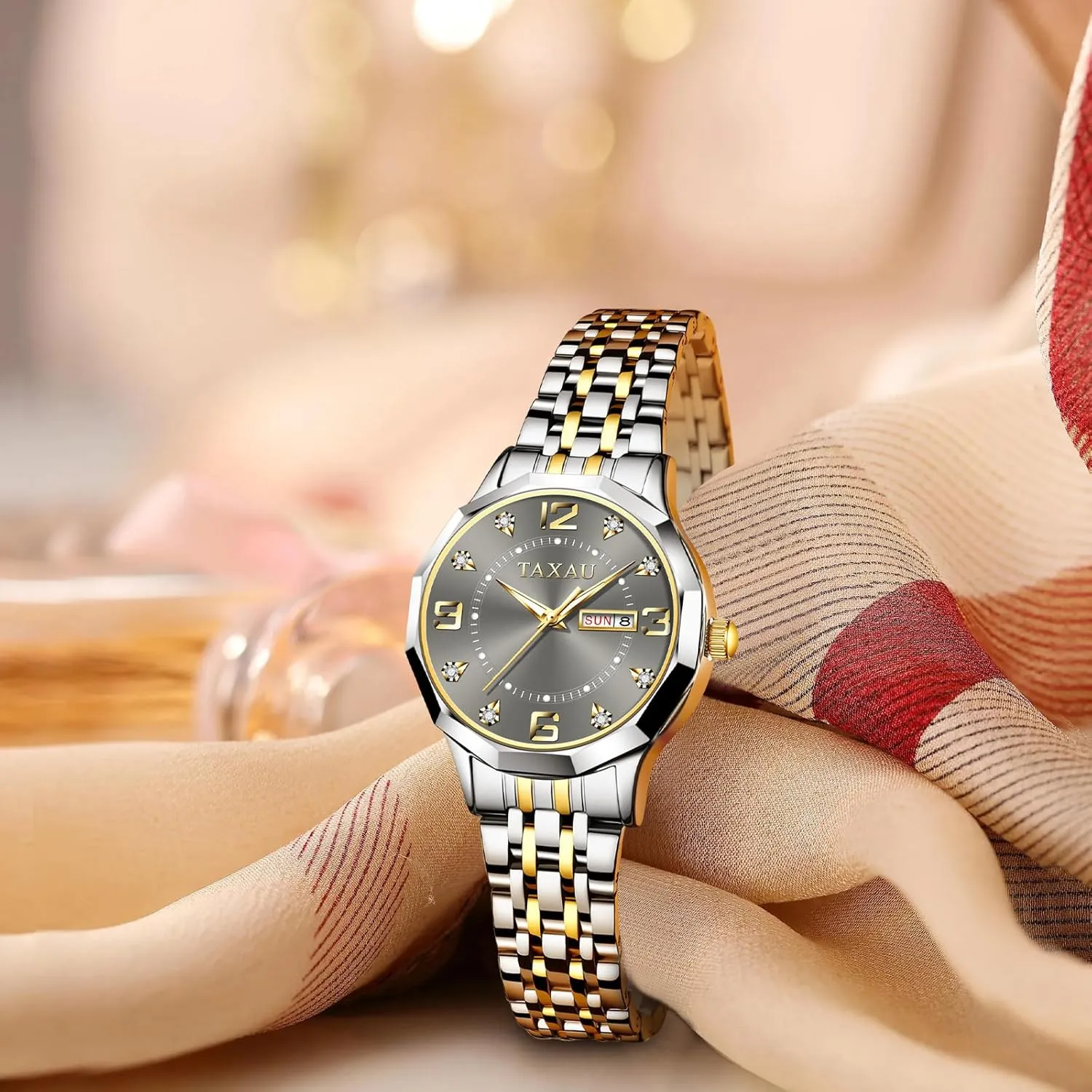 Dainty uplift shelter inclination Waterproof Stainless Steel Big Number Face & Day Date Casual Dress Luxury Analog Quartz Women's Wrist Watches with Watch for Ladies Watch for Women Silver Fashion 
