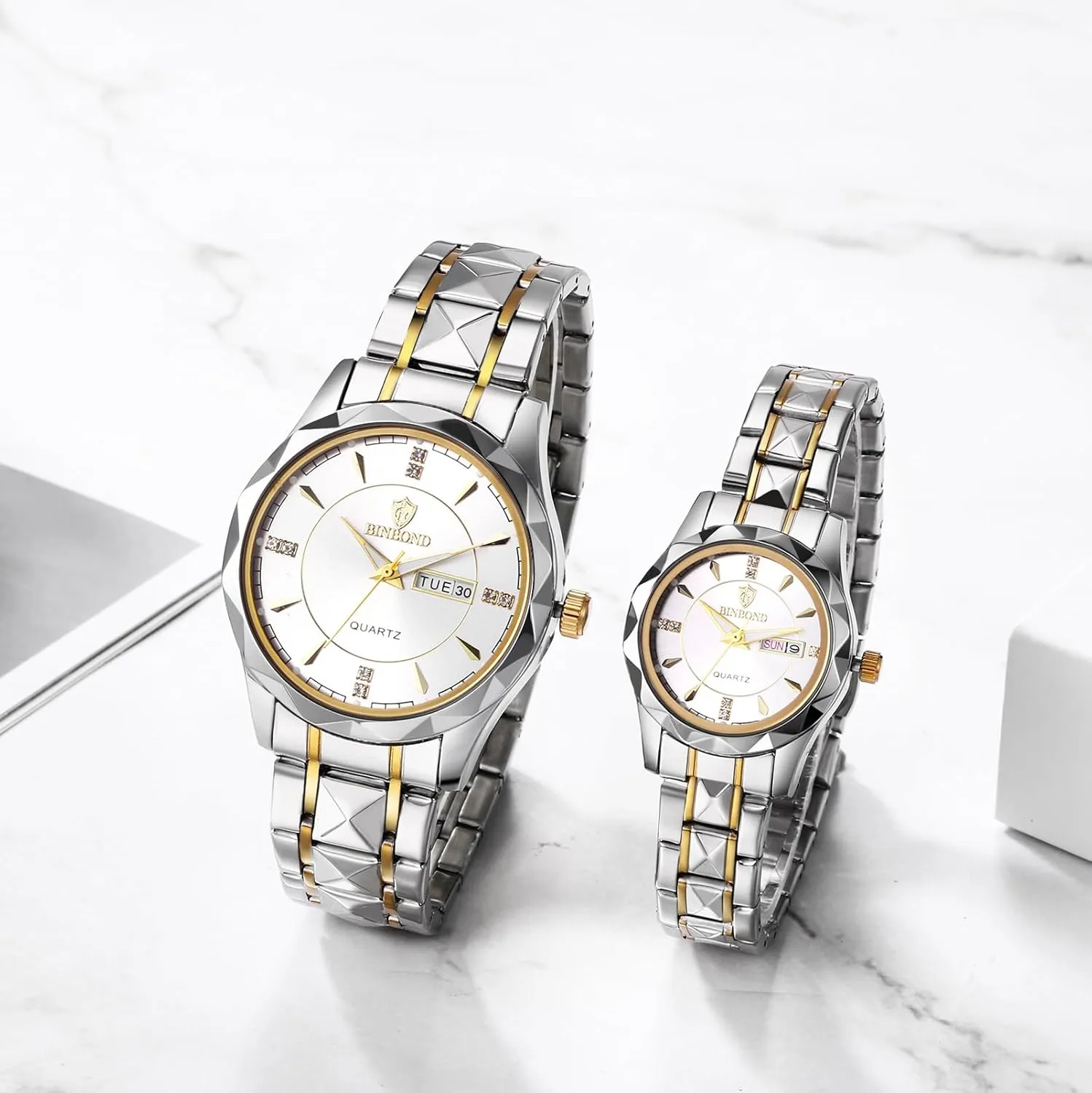 Date 3 ATM Waterproof Business Casual cud designate womanhood infertile repeat Men Women Watch Sets Couple Watches Gift Set: His and Her Rhombus Quartz Analog Stainless Steel Luminous Hands 