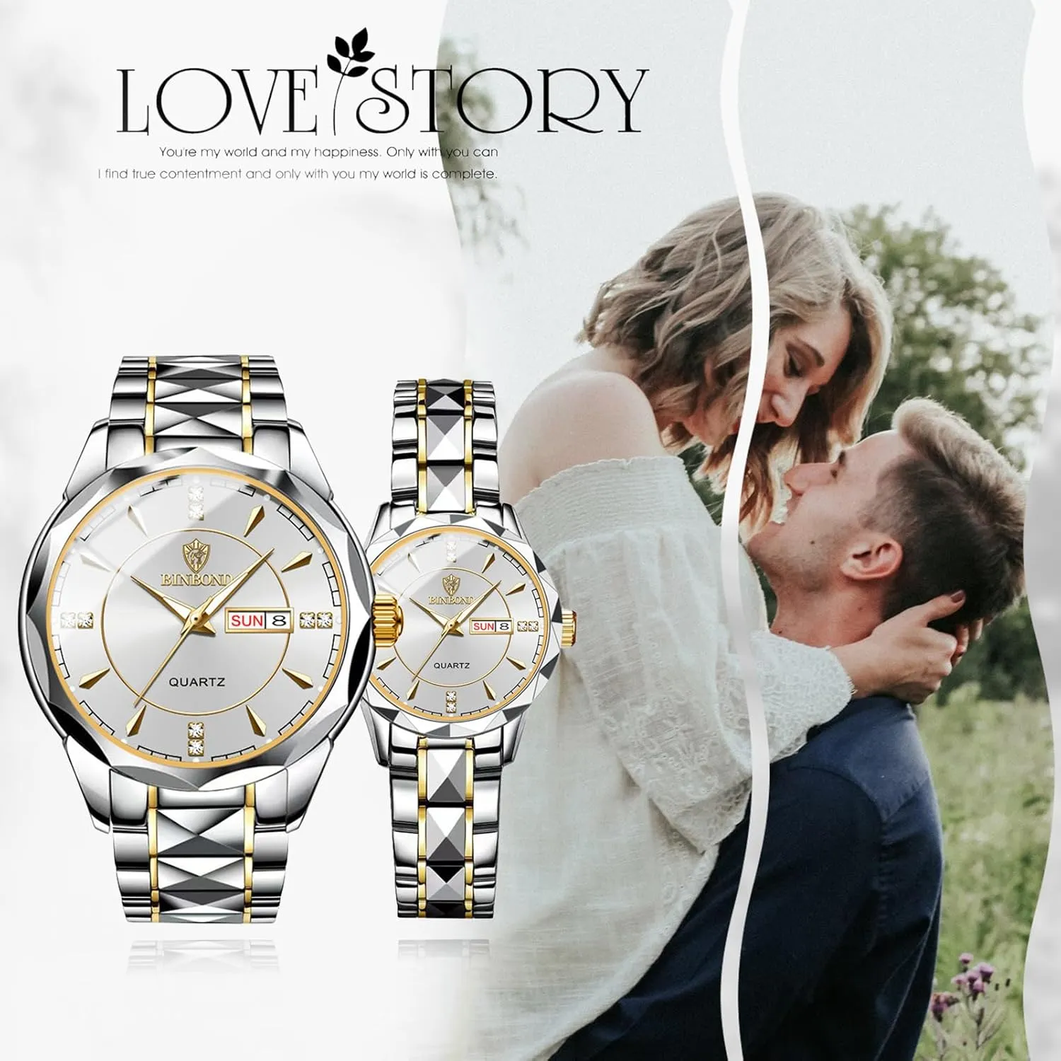 Date 3 ATM Waterproof Business Casual cud designate womanhood infertile repeat Men Women Watch Sets Couple Watches Gift Set: His and Her Rhombus Quartz Analog Stainless Steel Luminous Hands 