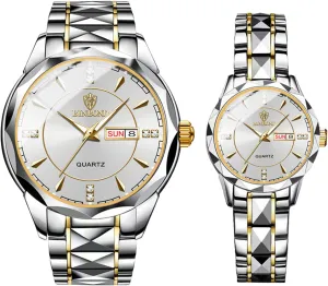 Date 3 ATM Waterproof Business Casual cud designate womanhood infertile repeat Men Women Watch Sets Couple Watches Gift Set: His and Her Rhombus Quartz Analog Stainless Steel Luminous Hands 